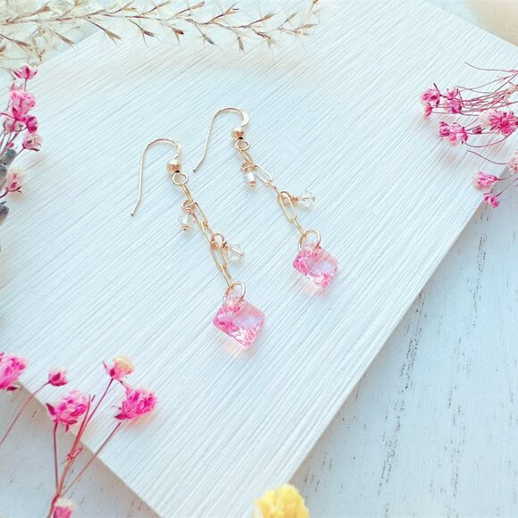 New Dainty Princess Cut Crystal Long Chain Earrings | Handmade in BC - Picture 3 of 4